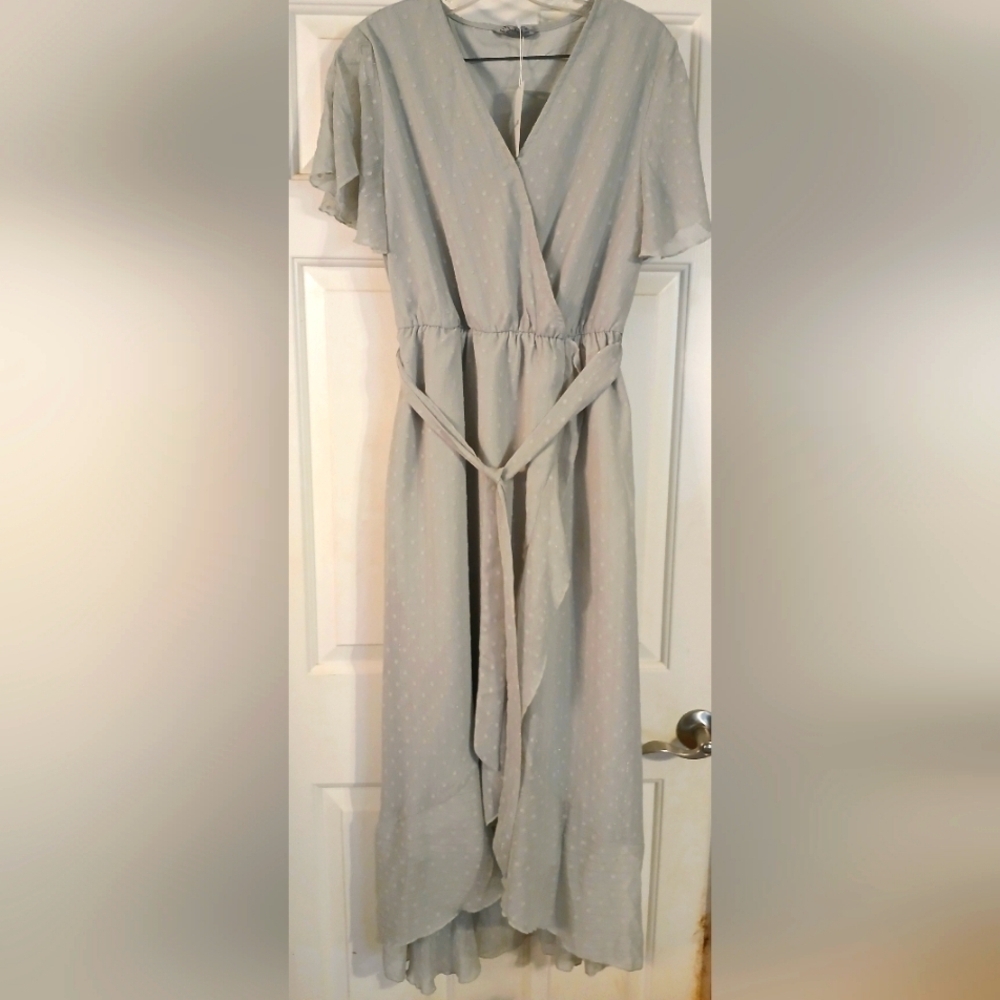 NWT - Simplee Women's Light Grey Swiss Dot Faux Wrap V-neck Short Flutter Sleeve
